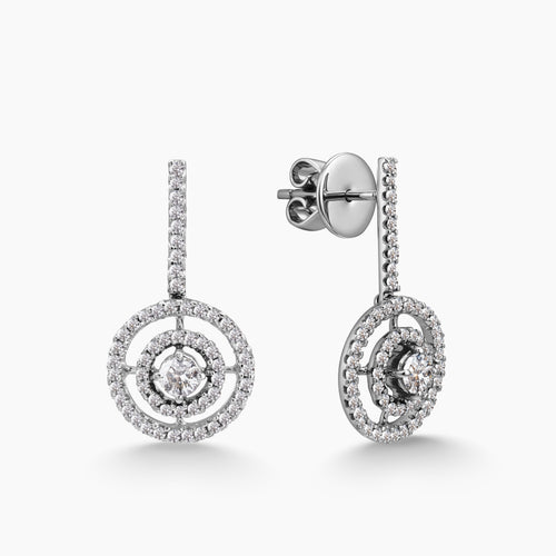 DIAMOND DOUBLE HALO DANGLE LADIES EARRINGS IN 14K WHITE GOLD