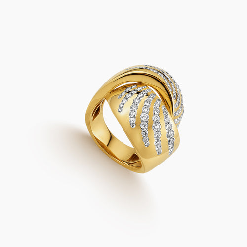 WIDE OVERLAPPING RING WITH MULTIPLE PAVE SET DIAMONDS IN 14K YELLOW GOLD