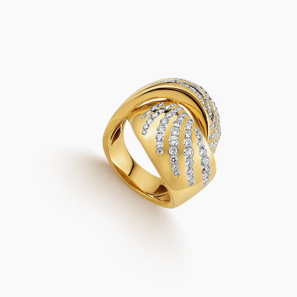 WIDE OVERLAPPING RING WITH MULTIPLE PAVE SET DIAMONDS IN 14K YELLOW GOLD
