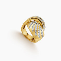 WIDE OVERLAPPING RING WITH MULTIPLE PAVE SET DIAMONDS IN 14K YELLOW GOLD
