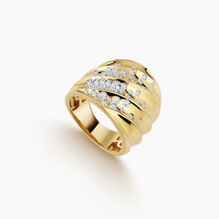 7 - WAVY RIBBED RING WITH PAVE SET DIAMONDS IN 14K YELLOW GOLD