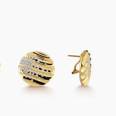 WAVY RIBBED LADIES ROUND EARRINGS WITH PAVE SET DIAMONDS IN 14K YELLOW GOLD