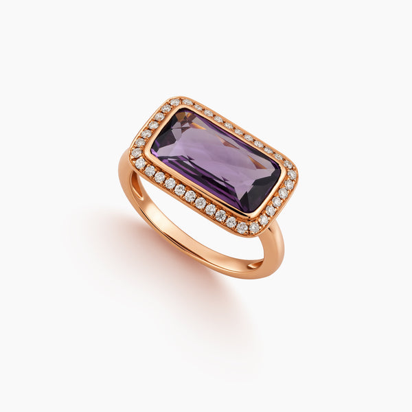 6.5 - RECTANGULAR AMETHYST WITH DIAMOND HALO SET GEMSTONE RING IN 18K ROSE GOLD