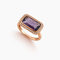 6.5 - RECTANGULAR AMETHYST WITH DIAMOND HALO SET GEMSTONE RING IN 18K ROSE GOLD