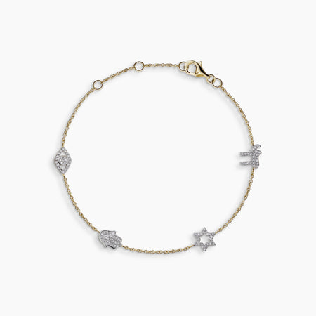 TWO-TONE CHARM BRACELET WITH DIAMOND-PAVE CHARMS IN 14KYELLOW AND WHITE GOLD