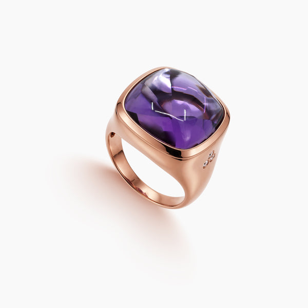 6.75 - AMYTHYST DOME RING WITH DIAMOND ACCENTS IN 18K ROSE GOLD