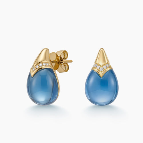 TEARDR0P SHAPED BLUE TOPAZ EARRINGS WITH DIAMOND ACCENTS IN 18K YELLOW GOLD