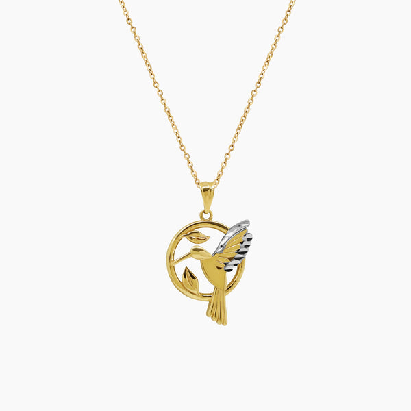TWO-TONE CIRCULAR HUMMINGBIRD PENDANT AND CHAIN NECKLACE IN (SAUDI) 18K YELLOW AND WHITE GOLD