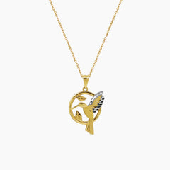 TWO-TONE CIRCULAR HUMMINGBIRD PENDANT AND CHAIN NECKLACE IN (SAUDI) 18K YELLOW AND WHITE GOLD