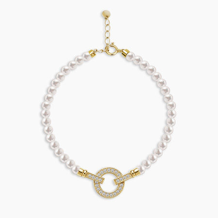 PEARL BRACELET WITH CIRCLE CHARM AND PAVE SET GEMS IN 18K YELLOW GOLD