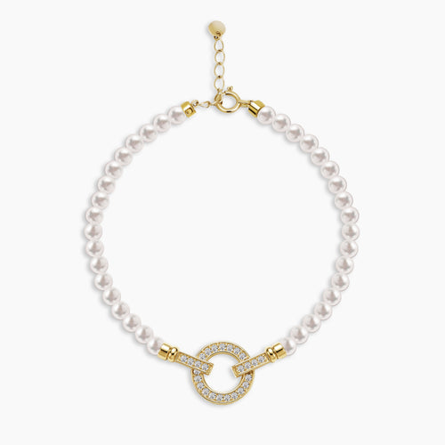 PEARL BRACELET WITH CIRCLE CHARM AND PAVE SET GEMS IN 18K YELLOW GOLD