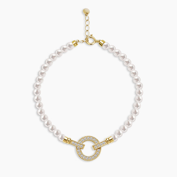 PEARL BRACELET WITH CIRCLE CHARM AND PAVE SET GEMS IN 18K YELLOW GOLD