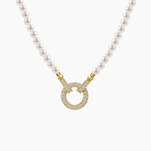 PEARL NECKLACE WITH CIRCLE CHARM AND PAVE SET GEMS IN 18K YELLOW GOLD