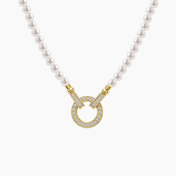 PEARL NECKLACE WITH CIRCLE CHARM AND PAVE SET GEMS IN 18K YELLOW GOLD