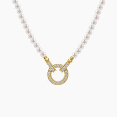 PEARL NECKLACE WITH CIRCLE CHARM AND PAVE SET GEMS IN 18K YELLOW GOLD