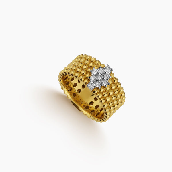 6.5 - WIDE BEADED RING WITH CLUSTER PAVE DIAMOND ACCENTS IN 18K YELLOW GOLD