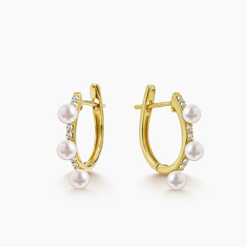 PEARL HUGGIE EARRINGS WITH PAVE SET DIAMONDS IN 18K YELLOW GOLD