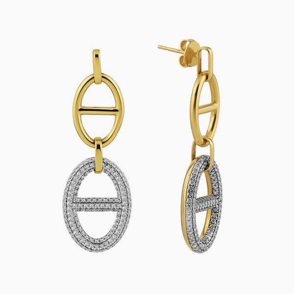 TWO-TONE MARINE LINK DROP EARRINGS WITH DIAMOND PAVE-SET BOTTOM LINK IN 18K YELLOW AND WHITE GOLD