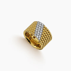 6.5 - WIDE BEADED RING WITH DIAGONAL ROW PAVE DIAMOND ACCENTS IN 18K YELLOW GOLD