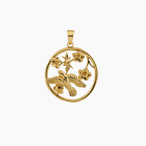 BIRD PENDANT WITH FLOWER ACCENTS IN (SAUDI) 18K YELLOW GOLD