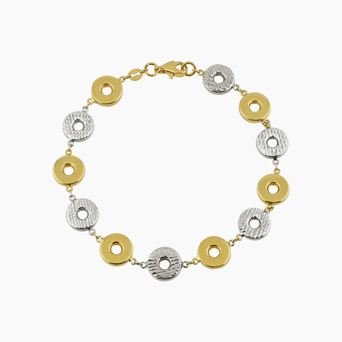 TWO-TONE ALTERNATING CIRCULAR TEXTURED DISC LINK BRACELET IN (SAUDI) 18K YELLOW AND WHITE GOLD