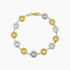 TWO-TONE ALTERNATING CIRCULAR TEXTURED DISC LINK BRACELET IN (SAUDI) 18K YELLOW AND WHITE GOLD