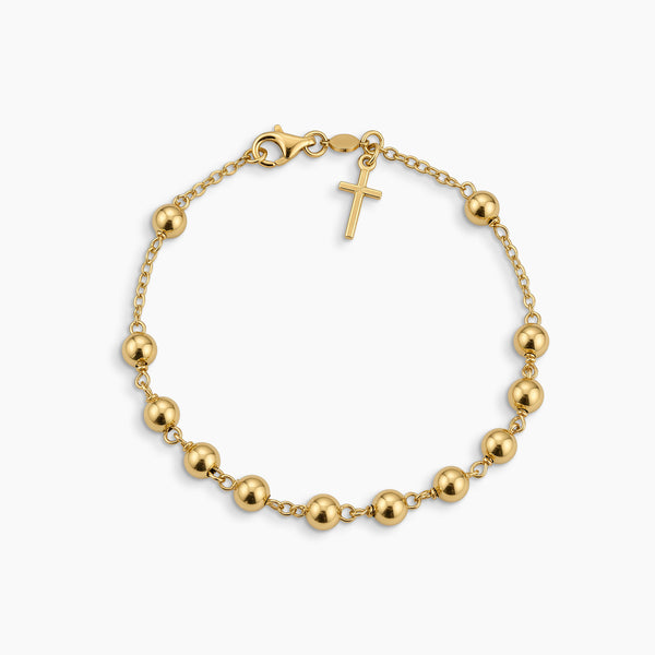 ROSARY BRACELET WITH ROUND BEADS AND DANGLING CROSS PENDANT IN (ITALIAN) 18K YELLOW GOLD