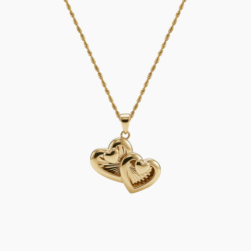 DOUBLE TEXTURED HEART CHARM PENDANT AND ROPE CHAIN NECKLACE IN (SAUDI) 18K YELLOW GOLD