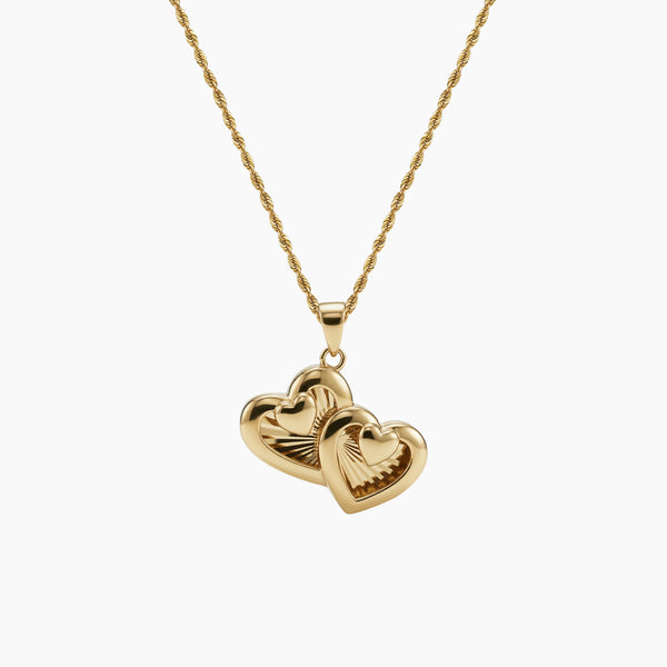 DOUBLE TEXTURED HEART CHARM PENDANT AND ROPE CHAIN NECKLACE IN (SAUDI) 18K YELLOW GOLD