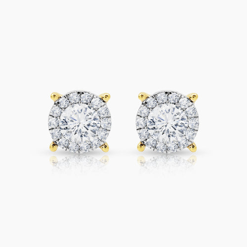 DIAMOND HALO LADIES STUD EARRINGS WITH 2=0.7 / 28=0.22 / 2.46 CARAT DIAMONDS IN 14K YELLOW GOLD