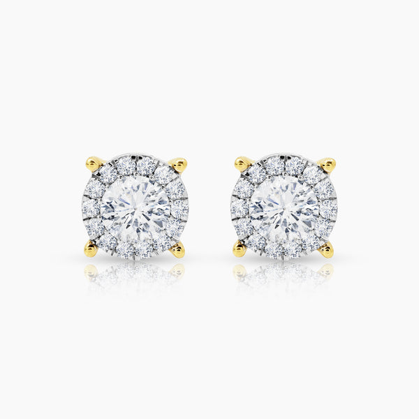 DIAMOND HALO LADIES STUD EARRINGS WITH 2=0.7 / 28=0.22 / 2.46 CARAT DIAMONDS IN 14K YELLOW GOLD