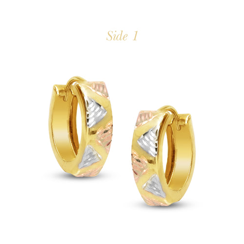 TEXTURED TRI-COLOR HUGGIE HOOP EARRINGS IN (SAUDI) 18K YELLOW / ROSE / WHITE GOLD