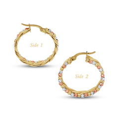 TRI-COLOR DIAMOND CUT TWO SIDED HOOP EARRINGS IN (SAUDI) 18K YELLOW / ROSE / WHITE GOLD