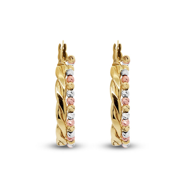 TRI-COLOR DIAMOND CUT TWO SIDED HOOP EARRINGS IN (SAUDI) 18K YELLOW / ROSE / WHITE GOLD