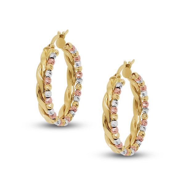 TRI-COLOR DIAMOND CUT TWO SIDED HOOP EARRINGS IN (SAUDI) 18K YELLOW / ROSE / WHITE GOLD