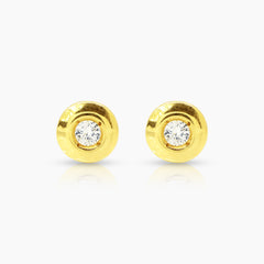 DIAMOND ROUND BEZEL LADIES STUD EARRINGS WITH 2=0.16  / 1.6 CARAT DIAMONDS IN 14K YELLOW GOLD