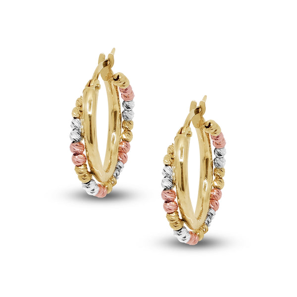 TRI-COLOR DIAMOND CUT HOOP EARRINGS IN (SAUDI) 18K YELLOW / ROSE / WHITE GOLD