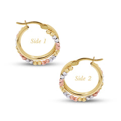 TRI-COLOR DIAMOND CUT HOOP EARRINGS IN (SAUDI) 18K YELLOW / ROSE / WHITE GOLD