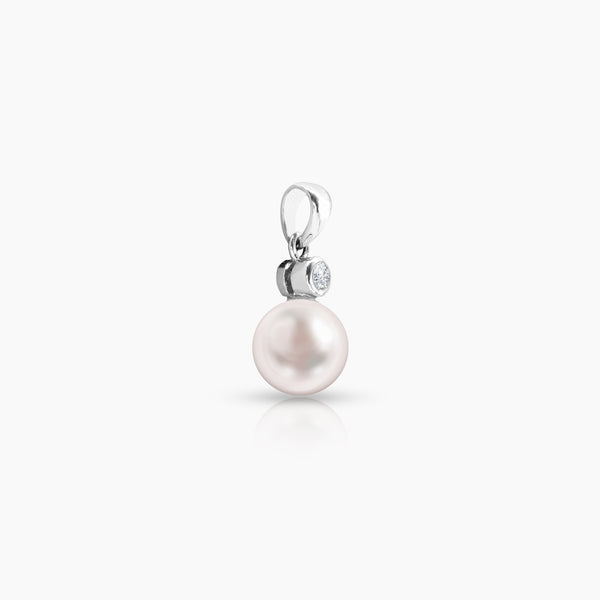 FRESH WATER PEARL WITH ROUND BEZEL DIAMOND LADIES PENDANT WITH 1=0.04 / 0.6 / 1.3 CARAT DIAMONDS IN 14K WHITE GOLD