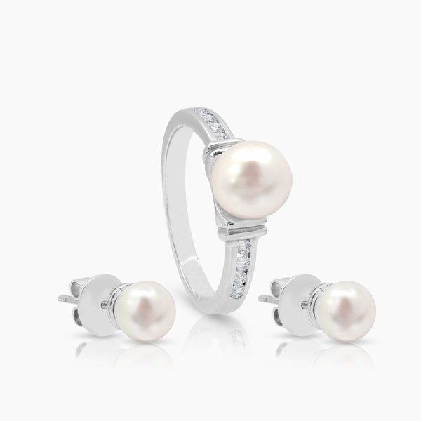 5 3/4" FRESH WATER PEARL WITH DIAMOND LADIES RING AND STUD EARRINGS SET WITH 22=0.36 / 5.7 CARAT DIAMONDS IN 14K WHITE GOLD