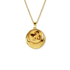 ANGEL IN ROUND PENDANT WITH CHAIN IN 18K YELLOW GOLD