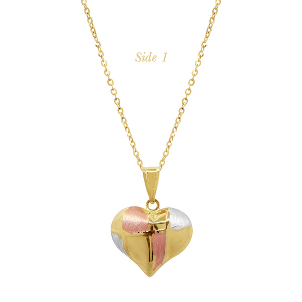 TRI-COLOR EMBOSSED HEART LADIES NECKLACE WITH PENDANT IN (SAUDI) 18K YELLOW / ROSE / WHITE GOLD