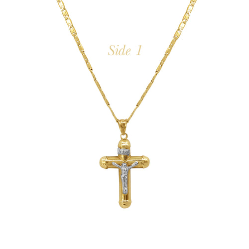 18 INCHES - TWO-TONE CRUCIFIX CROSS WITH FLAT CHAIN NECKLACE PENDANT IN (SAUDI) 18K YELLOW AND WHITE GOLD