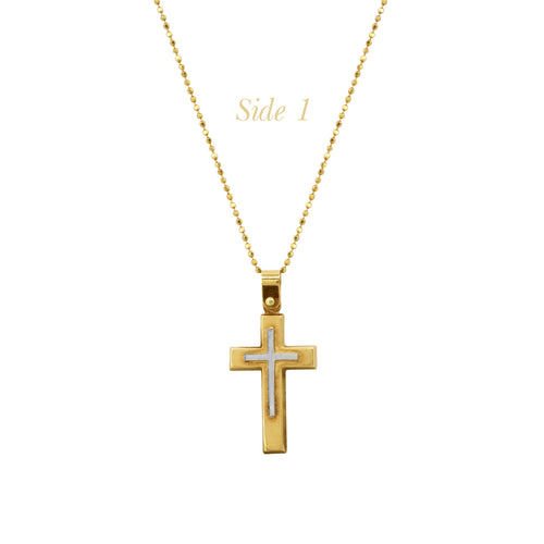 20 INCHES - TWO-TONE CRUCIFIX CROSS WITH BALLS CHAIN NECKLACE PENDANT IN (SAUDI) 18K YELLOW AND WHITE GOLD