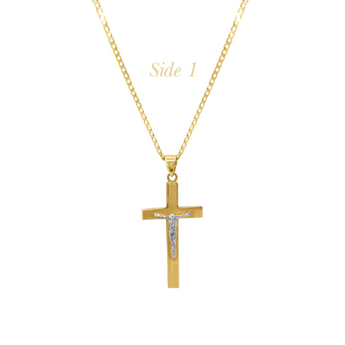 16 INCHES - TWO-TONE CRUCIFIX CROSS WITH BARB CHAIN NECKLACE PENDANT IN (SAUDI) 18K YELLOW AND WHITE GOLD