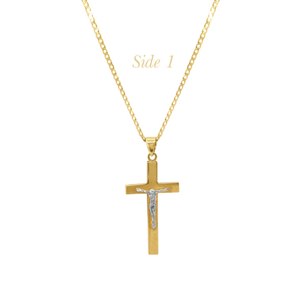 16 INCHES - TWO-TONE CRUCIFIX CROSS WITH BARB CHAIN NECKLACE PENDANT IN (SAUDI) 18K YELLOW AND WHITE GOLD