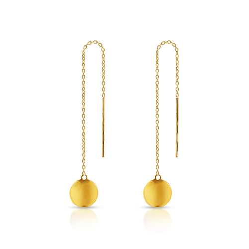 CLASSIC FLAT ROUND WITH THIN BAR STRIP LADIES DANGLING EARRINGS IN (SAUDI) 18K YELLOW GOLD