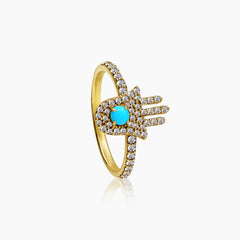 DIAMONDS AND TURQUOISE LADIES HAND RING AND HOOP EARRINGS SET WITH (RING) 54=0.35 / 1TQ=0.08 / 2.9 & (EARRINGS) 98=0.42 / TQ2=0.17 / 3.0 CARAT DIAMONDS IN 18K YELLOW GOLD