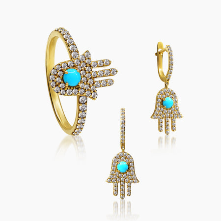 DIAMONDS AND TURQUOISE LADIES HAND RING AND HOOP EARRINGS SET WITH (RING) 54=0.35 / 1TQ=0.08 / 2.9 & (EARRINGS) 98=0.42 / TQ2=0.17 / 3.0 CARAT DIAMONDS IN 18K YELLOW GOLD