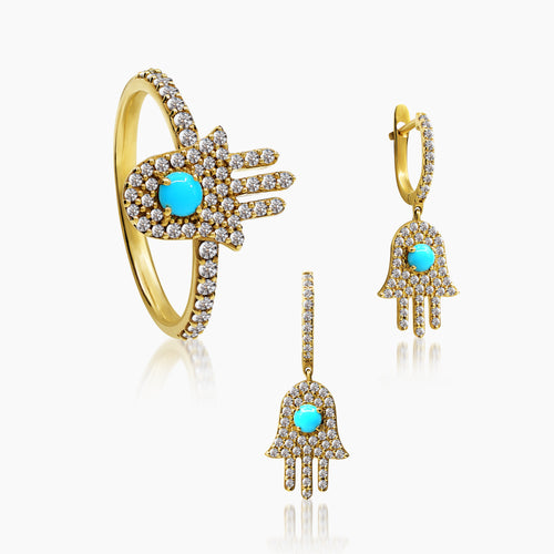 DIAMONDS AND TURQUOISE LADIES HAND RING AND HOOP EARRINGS SET WITH (RING) 54=0.35 / 1TQ=0.08 / 2.9 & (EARRINGS) 98=0.42 / TQ2=0.17 / 3.0 CARAT DIAMONDS IN 18K YELLOW GOLD